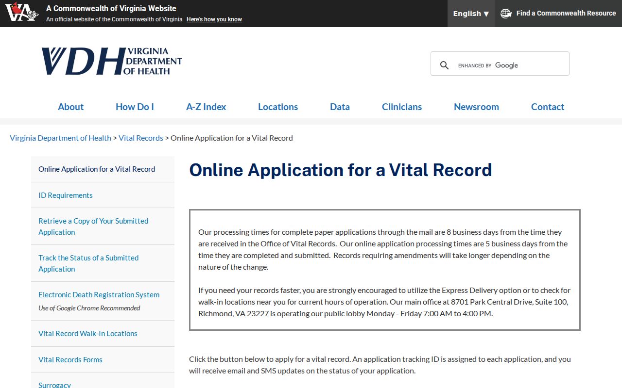 Montclair resident lookup Virginia vital records application options